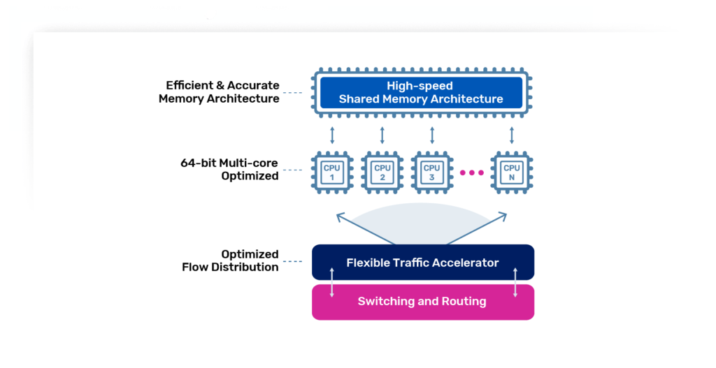 Diagram of High-speed Shared Memory Architecture with CPUs and Flexible Traffic Accelerator for optimized flow distribution.