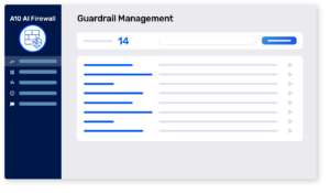 Eine Ansicht der Benutzeroberfläche der A10 AI Firewall, die das Guardrail-Management mit der Nummer 14 und verschiedenen Navigationssymbolen zeigt.