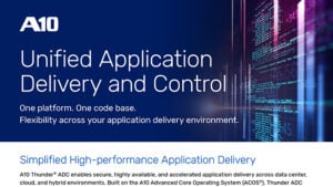 A10 Unified Application Delivery and Control. Simplified High-performance Application Delivery text on a digital background.