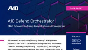 Screenshot of data sheet titled, A10 Defend Orchestrator, DDoS Defend Monitoring, Orchestration and Management