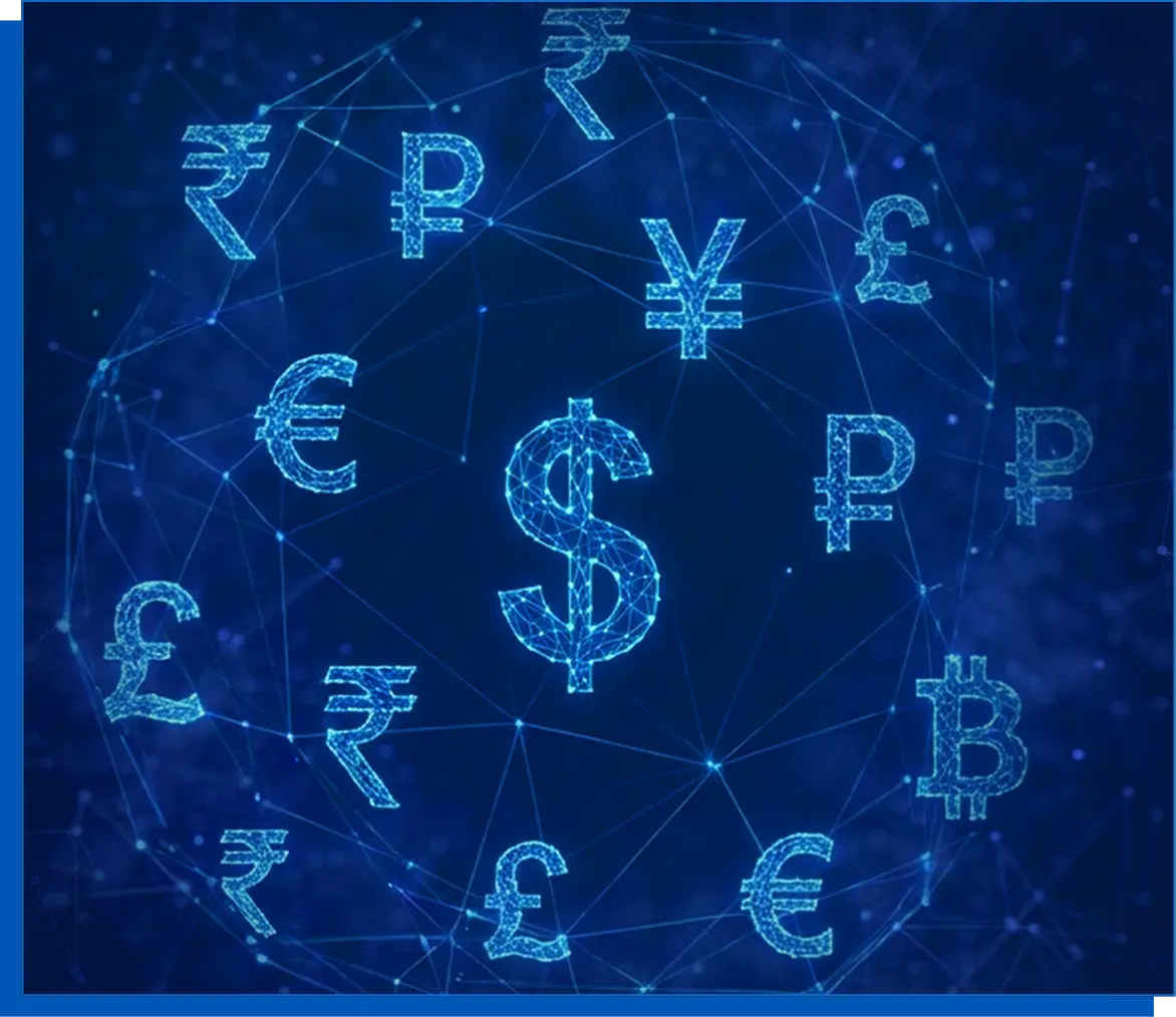Digital currency symbols interconnected on a blue network background.
