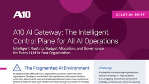 Alternativtext: A10 AI Gateway: Die intelligente Steuerungsebene für alle KI-Vorgänge. Intelligentes Routing, Budgetzuweisung und Governance.