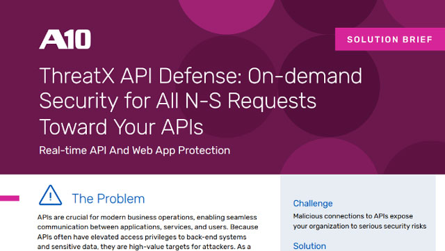 A10 ThreatX API Defense: On-demand Security for All N-S Requests Toward Your APIs. Real-time API And Web App Protection.