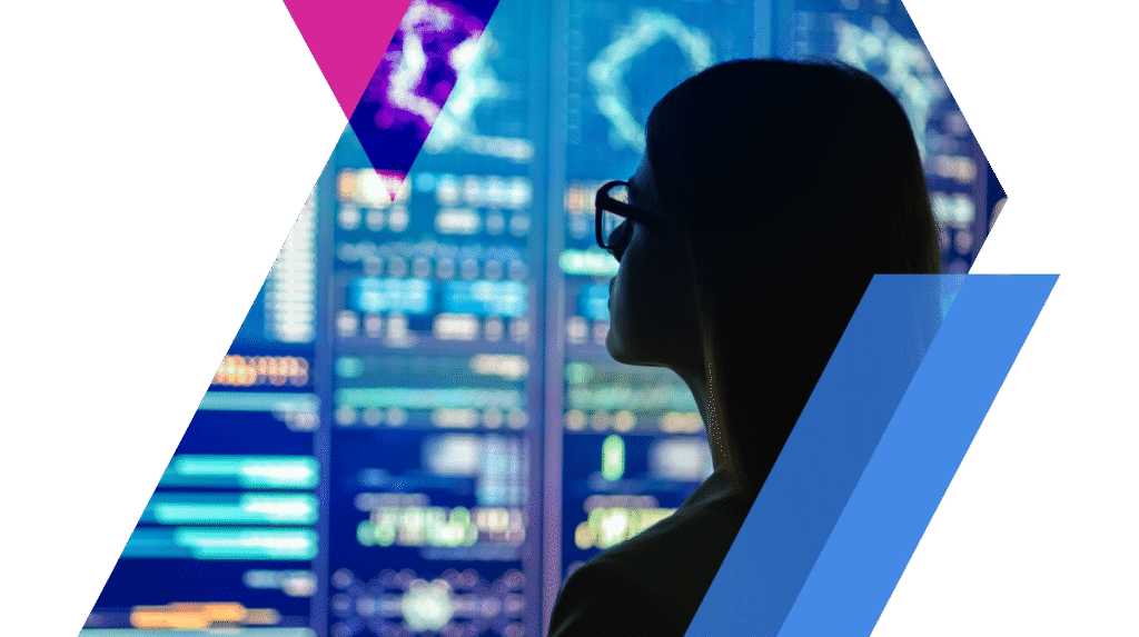 Silhouette of a person in front of a data screen with colorful charts and numbers, overlaid with geometric shapes.