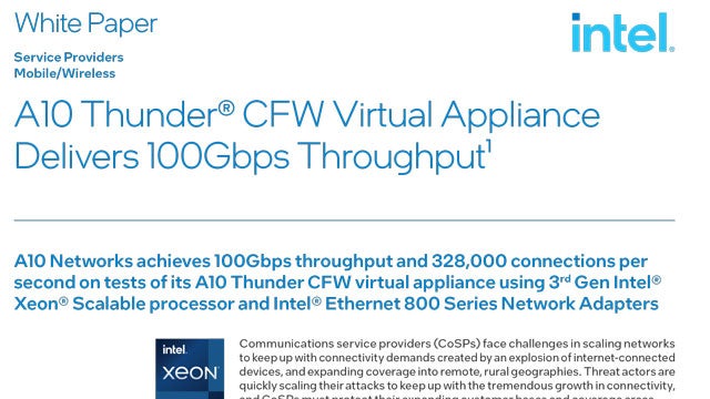 Screenshot of the whitepaper titled 'A10 Thunder® CFW Virtual Appliance Delivers 100Gbps Throughput'