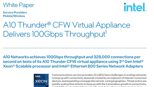 Screenshot of the whitepaper titled 'A10 Thunder® CFW Virtual Appliance Delivers 100Gbps Throughput'