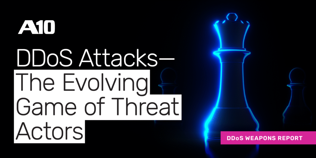 A10 DDoS Attacks—The Evolving Game of Threat Actors. Chess pieces symbolize strategy. DDoS WEAPONS REPORT badge.