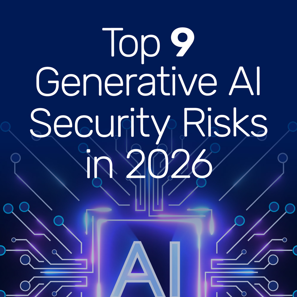 Top 9 Generative AI Security Risks in 2026 with circuit board design and glowing AI text.
