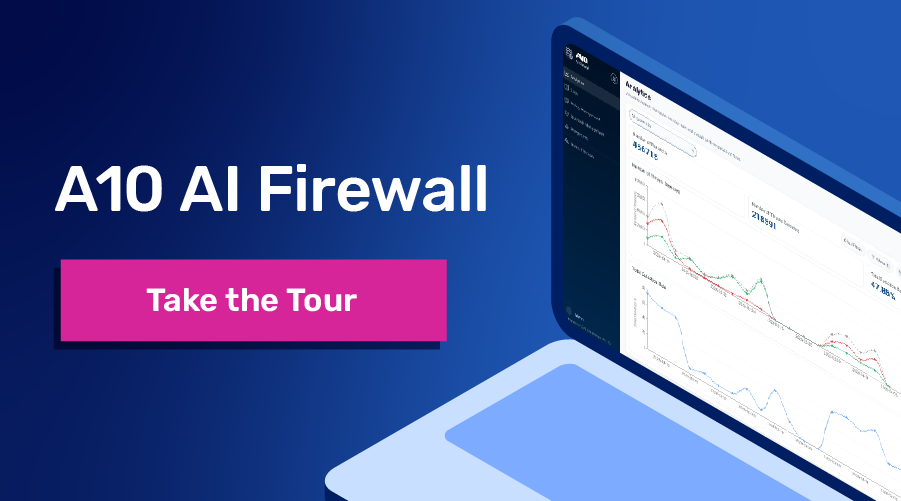 Laptop displaying A10 AI Firewall analytics with Take the Tour button for cybersecurity insights.
