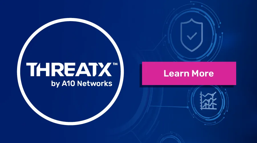 ThreatX by A10 Networks logo with a Learn More button on a blue background with security icons.