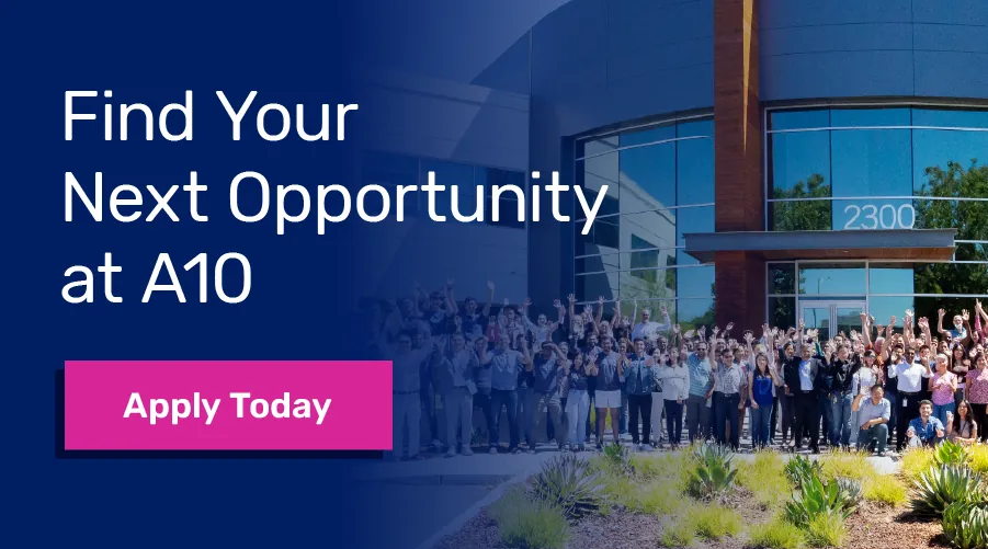 Find Your Next Opportunity at A10. Apply Today. Large group outside a modern building with glass facade.