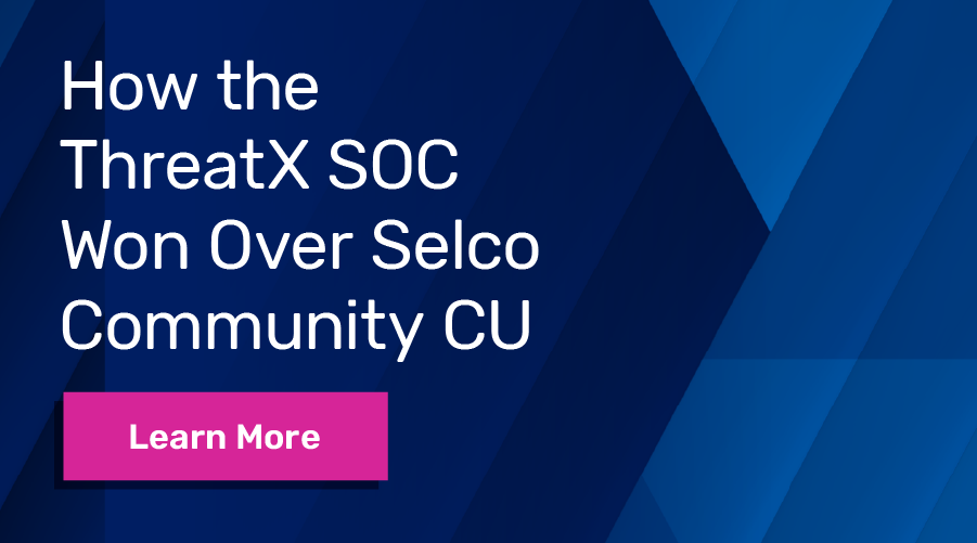 How the ThreatX SOC Won Over Selco Community CU with a pink button saying Learn More on a blue geometric background.
