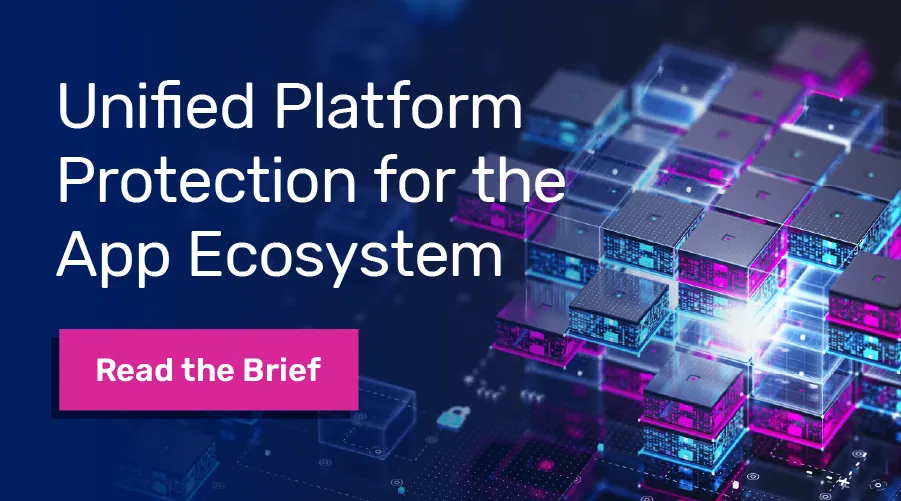 Einheitlicher Plattformschutz für das App-Ökosystem mit einer Schaltfläche "Read the Brief" und einem digitalen Würfeldesign.