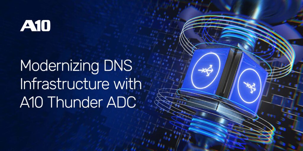 A10 logo with text Modernizing DNS Infrastructure with A10 Thunder ADC and futuristic blue tech design.