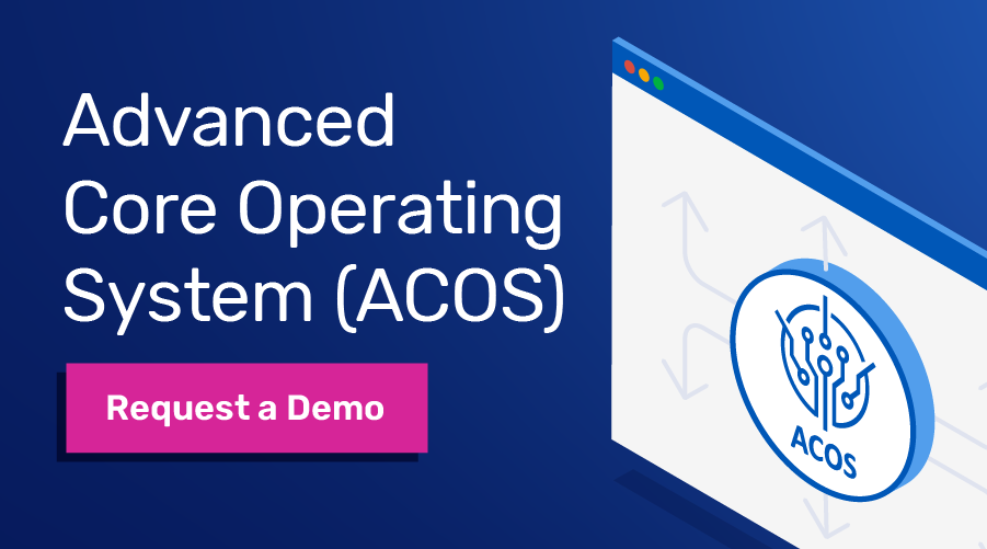 Alt text: Advanced Core Operating System (ACOS) with a button to Request a Demo on a blue background.