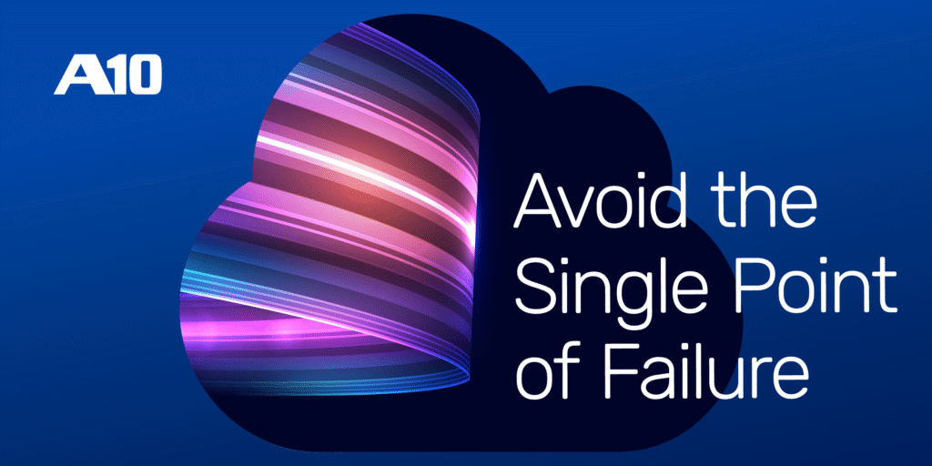 A10 logo with text Avoid the Single Point of Failure on a colorful cloud graphic background. Blue theme.