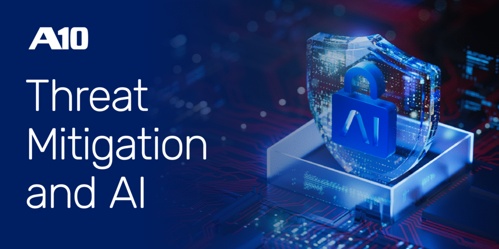A10 Threat Mitigation and AI. Digital shield with lock symbol on a tech background, emphasizing cyber security.