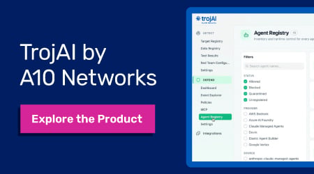 Alt text: TrojAI by A10 Networks interface with options for Agent Registry and 'Explore the Product' button.