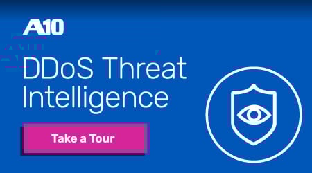 A10 DDoS Threat Intelligence. Take a Tour button. Shield icon with eye symbol on blue background.