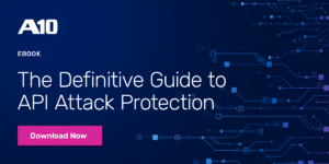 EBOOK: The Definitive Guide to API Attack Protection. Download Now button on tech-themed background.