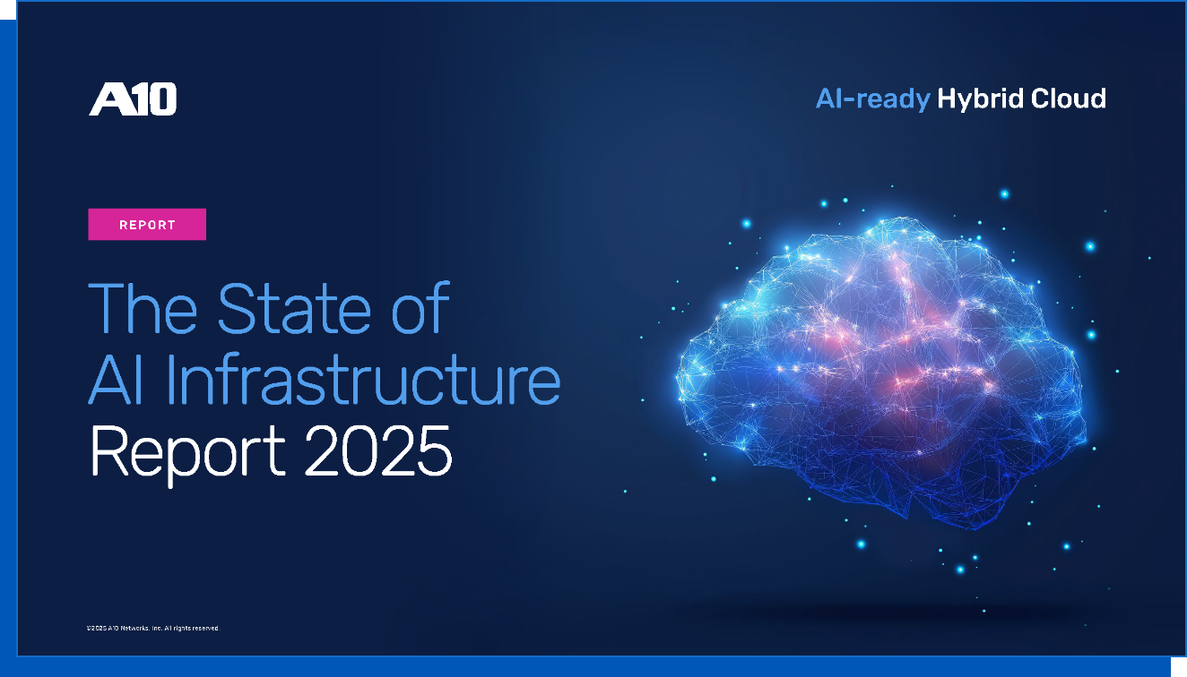 Cover of The State of AI Infrastructure: Report 2025 with glowing brain graphic, A10 logo, and AI-ready Hybrid Cloud text.
