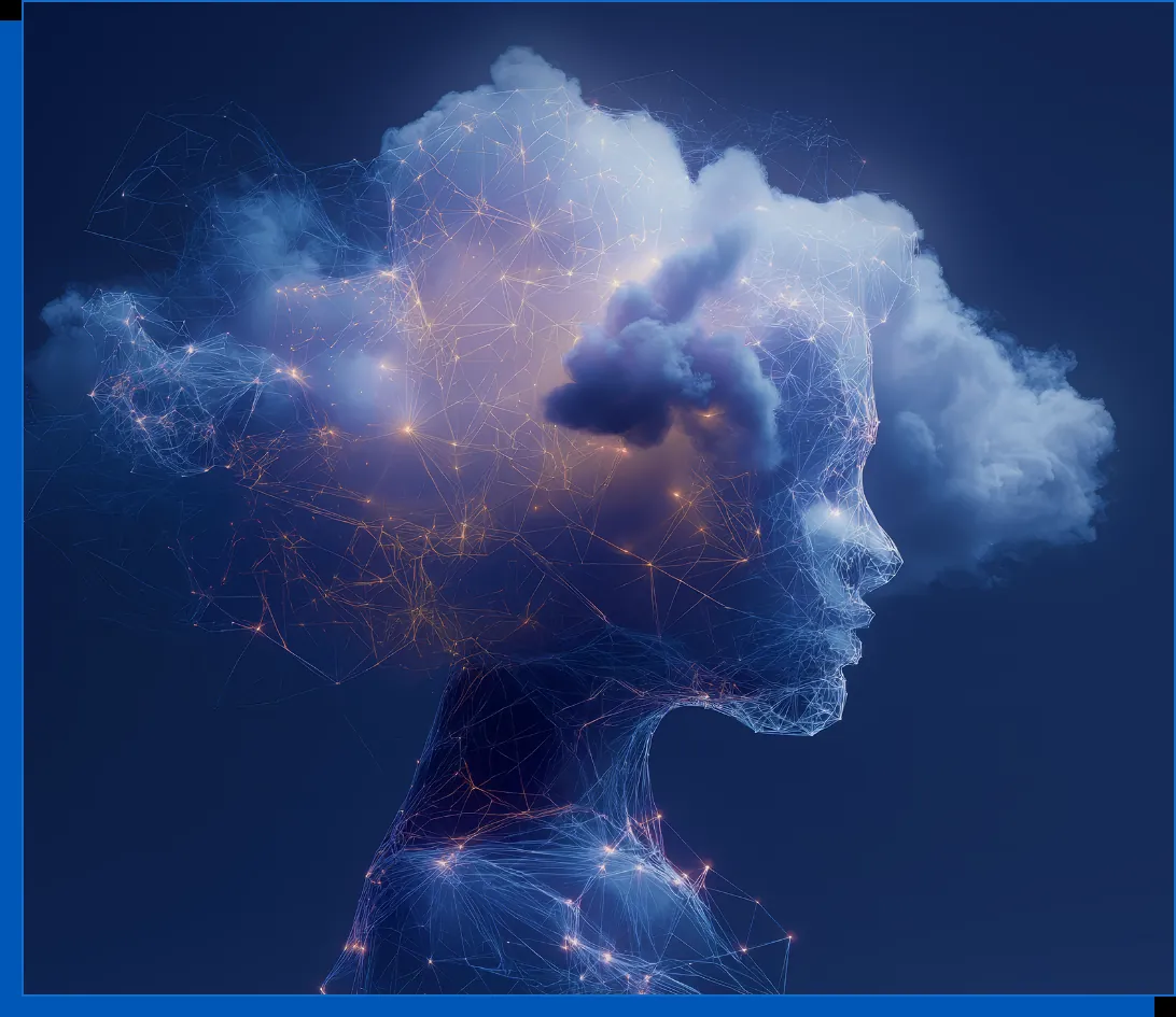 A digital silhouette with clouds and light network illustrating interconnected thoughts and technology against a dark blue background.