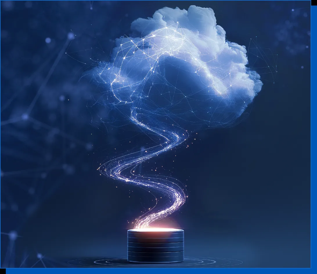 Digital cloud and data network swirling above a server stack, glowing in a futuristic blue theme.