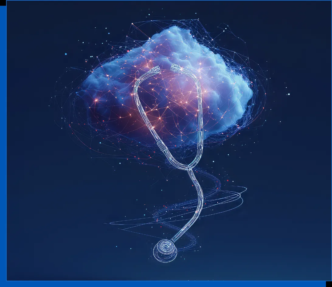 Digital stethoscope over cloud with glowing connections on a dark blue background, symbolizing healthcare technology.