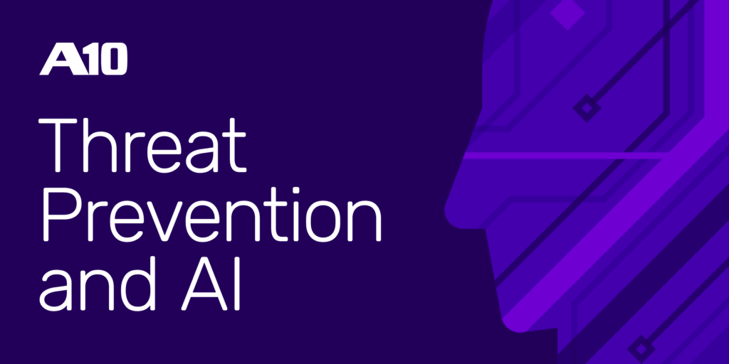 A10 logo with text Threat Prevention and AI on a purple background with abstract face design.