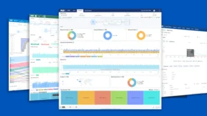 Dashboard interface showing analytics with graphs and charts from A10 ADC Configuration system on a blue background.