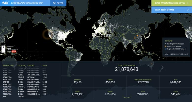 A10 Networks' real-time map of DDoS weapons and other threats
