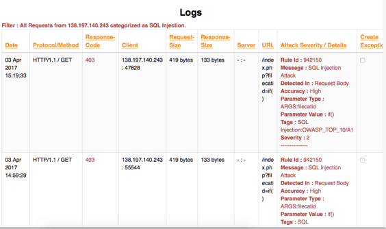 WAF Attack Log, detailed